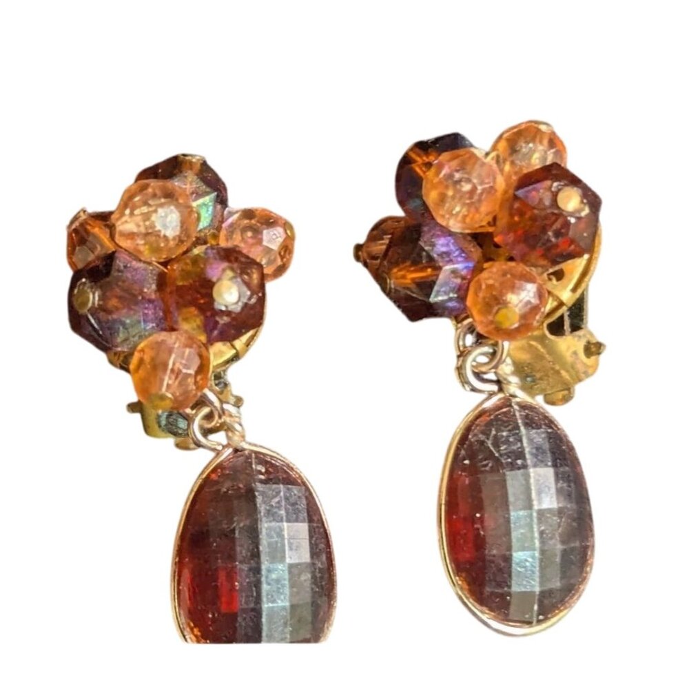 Vintage Western Germany Clip-On Earrings Faceted Amber Glass Beads‎ & Dangles